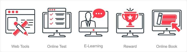 un conjunto de 5 5 en línea educación íconos como web herramientas, en línea prueba, e-learning vector