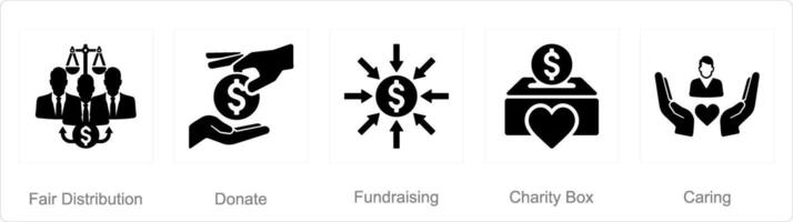 A set of 5 charity and donation icons as fair distribution, donate, fundraising vector