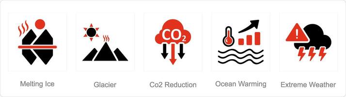 A set of 5 climate change icons as melting ice, glacier, co2 reduction vector