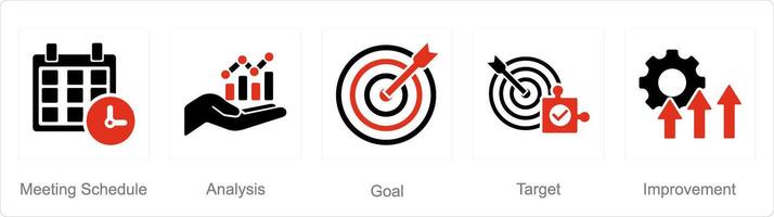 A set of 5 action plan icons as meeting schedule, analysis, goal vector