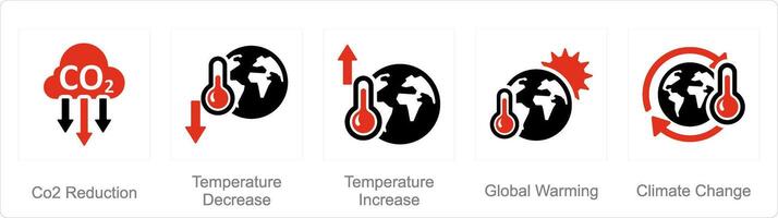 A set of 5 climate change icons as co2 reduction, temperature decrease, temperature increase vector