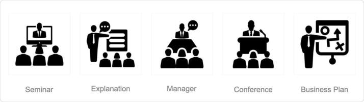 A set of 5 business presentation icons as seminar, explanation, manager vector