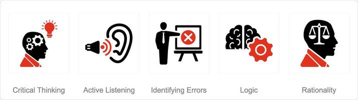 A set of 5 critical thinking icons as critical thinking, active listening, identifying errors vector