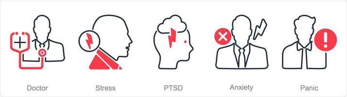 A set of 5 mental health icons as doctor, stress, ptsd vector