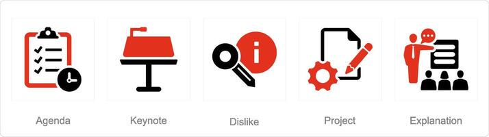 A set of 5 business presentation icons as agenda, keynote, dislike vector