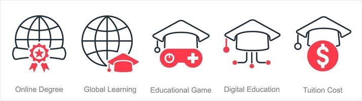 A set of 5 online education icons as online degree, global learning, educational game vector
