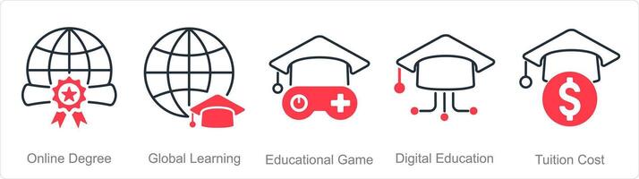 A set of 5 online education icons as online degree, global learning, educational game vector