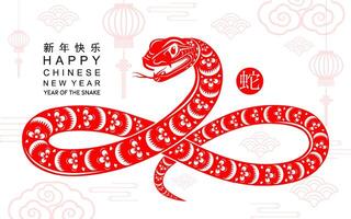 contento chino nuevo año 2025 el serpiente zodíaco firmar con flor,linterna,asiática elementos rojo papel cortar estilo en color antecedentes. vector