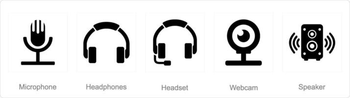 A set of 5 computer parts icons as microphone, heaphones, headset vector