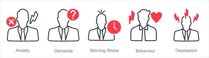 A set of 5 mental health icons as anxiety, dementia, morning stress vector