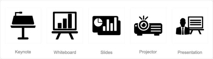 A set of 5 business presentation icons as keynote, white board, slides vector