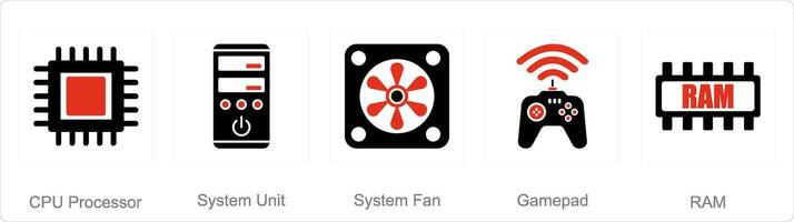 A set of 5 computer parts icons as cpu processor, system unit, system fan vector