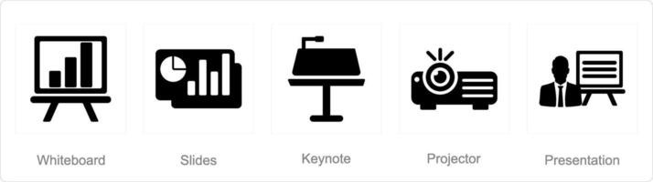 A set of 5 business presentation icons as white board, slides, keynote vector