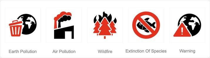 A set of 5 climate change icons as earth pollution, wildfire, extinction of species vector