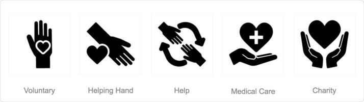 A set of 5 charity and donation icons as voluntary, helping hand, help vector