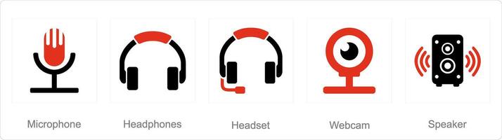 A set of 5 computer parts icons as microphone, headphones, headset vector