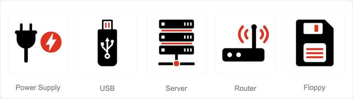 A set of 5 computer parts icons as power supply, usb, server vector