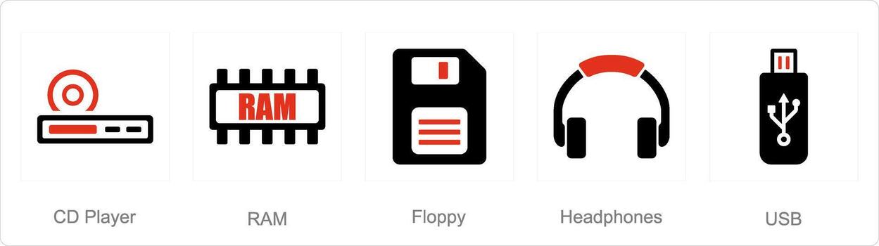 A set of 5 computer parts icons as cd player, ram, floppy vector