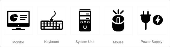 A set of 5 computer parts icons as monitor, keyboard, system unit vector
