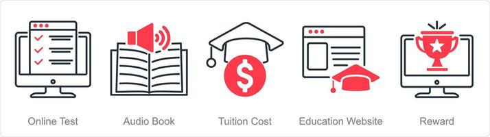 A set of 5 online education icons as online test, audio book, tuition cost vector