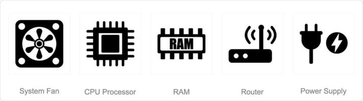 A set of 5 computer parts icons as system fan, cpu processor, ram vector