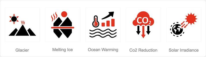 A set of 5 climate change icons as glacier, melting ice, ocean warming vector