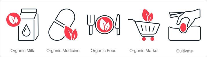 A set of 5 organic farming icons as organic milk, organic medicine, organic food vector