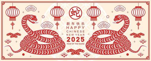 Happy chinese new year 2025 year of the snake with flower lantern asian elements red and gold traditional paper cut style on color background. vector
