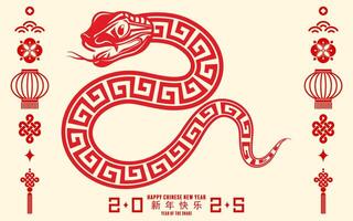 contento chino nuevo año 2025 el serpiente zodíaco firmar con flor,linterna,asiática elementos papel cortar estilo en color antecedentes. vector