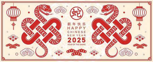 Happy chinese new year 2025 year of the snake with flower lantern asian elements red and gold traditional paper cut style on color background. vector