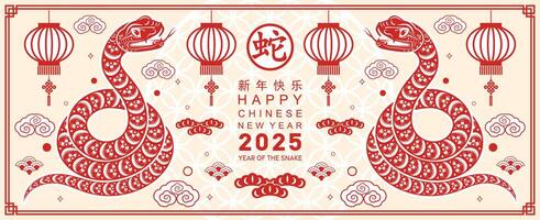 Happy chinese new year 2025 year of the snake with flower lantern asian elements red and gold traditional paper cut style on color background. vector