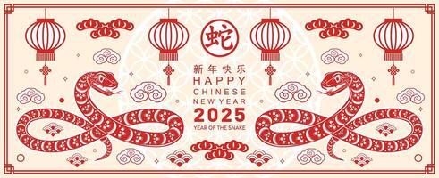 contento chino nuevo año 2025 año de el serpiente con flor linterna asiático elementos rojo y oro tradicional papel cortar estilo en color antecedentes. vector