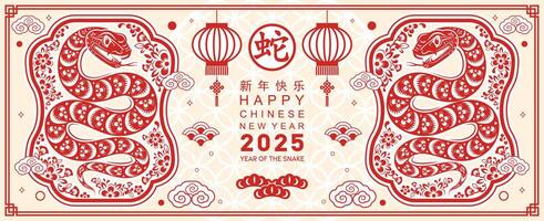 Happy chinese new year 2025 year of the snake with flower lantern asian elements red and gold traditional paper cut style on color background. vector