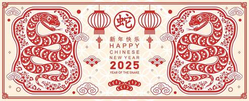 contento chino nuevo año 2025 año de el serpiente con flor linterna asiático elementos rojo y oro tradicional papel cortar estilo en color antecedentes. vector