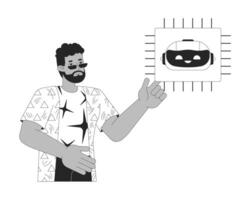 Bearded man with AI microchip black and white 2D line cartoon character. Artificial intelligence developer african american isolated outline person. Tech monochromatic flat spot illustration vector