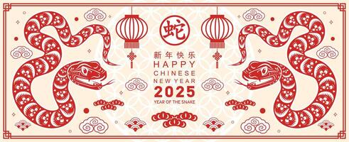 Happy chinese new year 2025 year of the snake with flower lantern asian elements red and gold traditional paper cut style on color background. vector