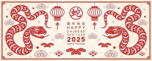 contento chino nuevo año 2025 año de el serpiente con flor linterna asiático elementos rojo y oro tradicional papel cortar estilo en color antecedentes. vector