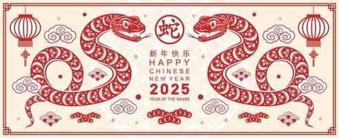Happy chinese new year 2025 year of the snake with flower lantern asian elements red and gold traditional paper cut style on color background. vector