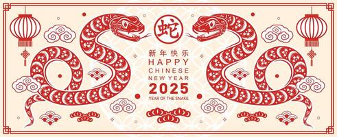 contento chino nuevo año 2025 año de el serpiente con flor linterna asiático elementos rojo y oro tradicional papel cortar estilo en color antecedentes. vector