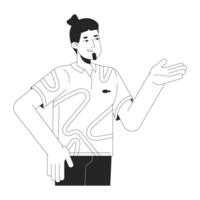 Caucasian guy making suggestion black and white 2D line cartoon character. Discussion participating man isolated outline person. Gesturing explaining monochromatic flat spot illustration vector