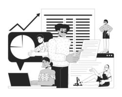 Accounting work black and white 2D illustration concept. Business analysts team cartoon outline characters isolated on white. Budgeting accountants. Financial report metaphor monochrome art vector