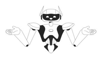 Robot shoulders shrugging black and white 2D line cartoon character. Confused humanoid isolated outline personage. Intelligence artificial arms out monochromatic flat spot illustration vector