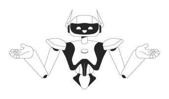 Robot shoulders shrugging black and white 2D line cartoon character. Confused humanoid isolated outline personage. Intelligence artificial arms out monochromatic flat spot illustration vector