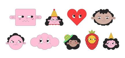 Groovy cute 2D linear avatars illustration set. 70s retro heart, cloud, strawberry cartoon character faces portraits collection. Cone party person flat color user profiles images isolated vector