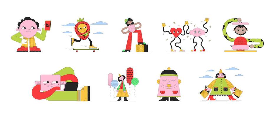Funny geometric shape people 2D linear illustration concepts set. Cute retro cartoon characters isolated on white. Mascot geometry figures metaphor abstract flat outline graphic collection