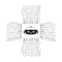 AI microchip cpu black and white 2D line cartoon object. Artificial intelligence chip circuit isolated outline item. Motherboard. Innovative technology monochromatic flat spot illustration vector