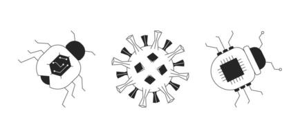 Virus computer bugs black and white 2D line cartoon objects set. Dangerous malware isolated outline items collection. System crash. Ransomware circuit monochromatic flat spot illustrations vector