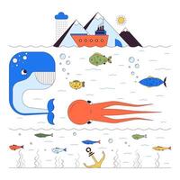 Deep sea life 2D linear illustration concept. Underwater marine fishes habitats cartoon characters isolated on white. Exotic wildlife ecosystem of ocean metaphor abstract flat outline graphic vector