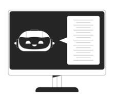 Chatbot AI computer display black and white 2D line cartoon object. Artificial intelligence messenger bot isolated outline item. Voice to text software monochromatic flat spot illustration vector