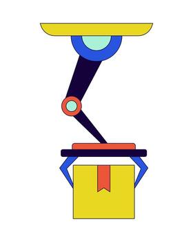 Robotic arm holding package 2D linear cartoon object. Artificial intelligence manufacturing isolated line element white background. Robotics industrial shipping color flat spot illustration vector